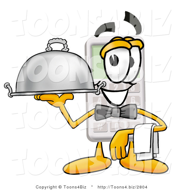 Illustration of a Cartoon Calculator Mascot Dressed As a Waiter and Holding a Serving Platter