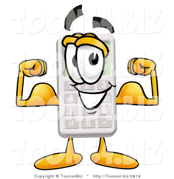 Illustration of a Cartoon Calculator Mascot Flexing His Arm Muscles