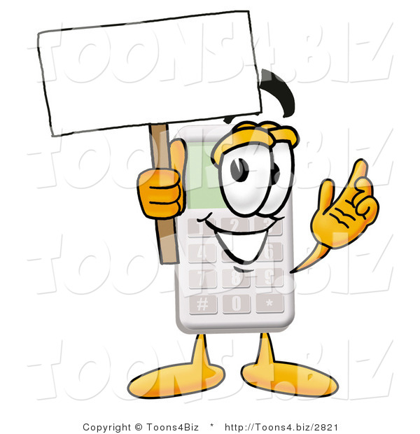 Illustration of a Cartoon Calculator Mascot Holding a Blank Sign