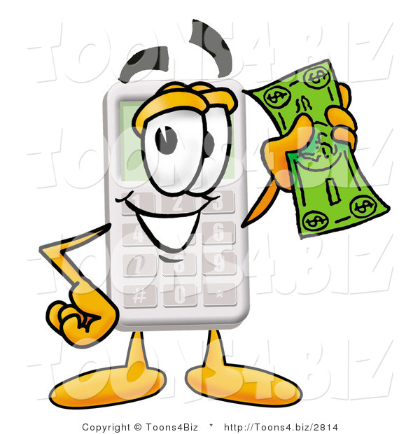 Illustration of a Cartoon Calculator Mascot Holding a Dollar Bill