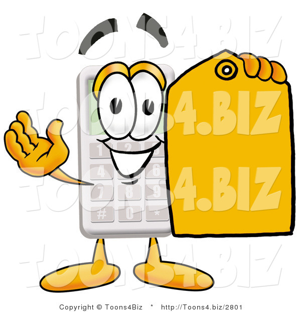 Illustration of a Cartoon Calculator Mascot Holding a Yellow Sales Price Tag