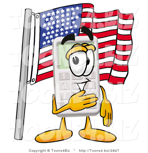 Illustration of a Cartoon Calculator Mascot Pledging Allegiance to an American Flag