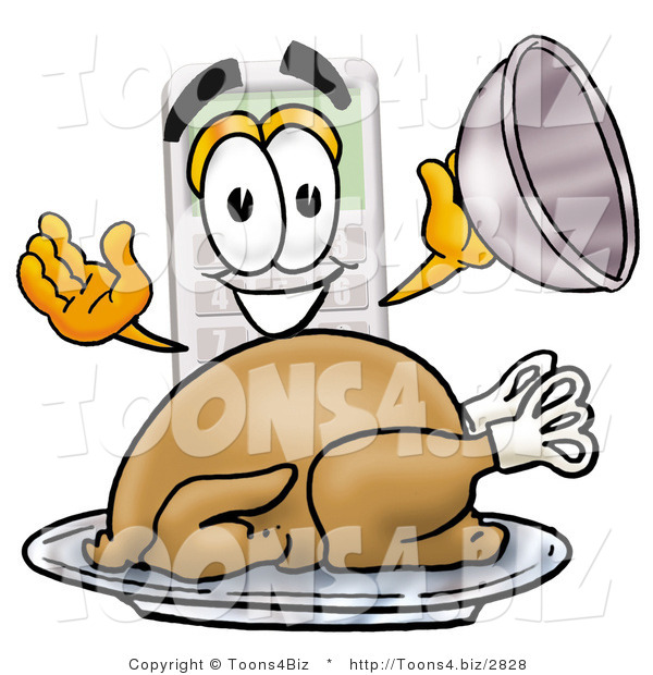 Illustration of a Cartoon Calculator Mascot Serving a Thanksgiving Turkey on a Platter