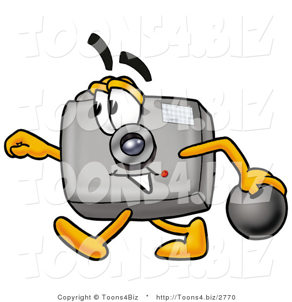 Illustration of a Cartoon Camera Mascot Holding a Bowling Ball