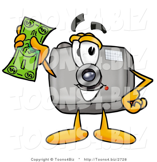 Illustration of a Cartoon Camera Mascot Holding a Dollar Bill