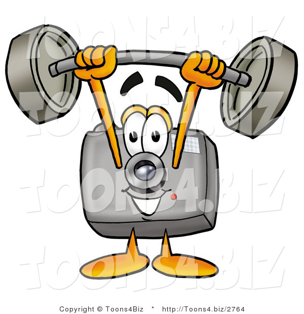 Illustration of a Cartoon Camera Mascot Holding a Heavy Barbell Above His Head