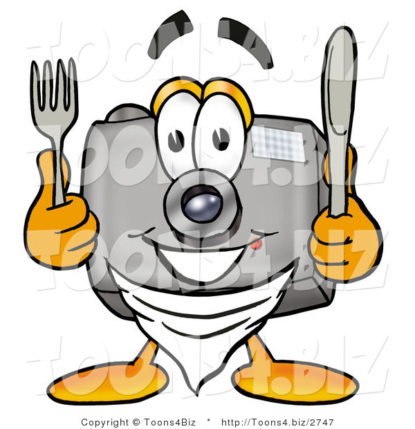 Illustration of a Cartoon Camera Mascot Holding a Knife and Fork