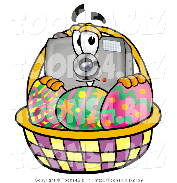 Illustration of a Cartoon Camera Mascot in an Easter Basket Full of Decorated Easter Eggs