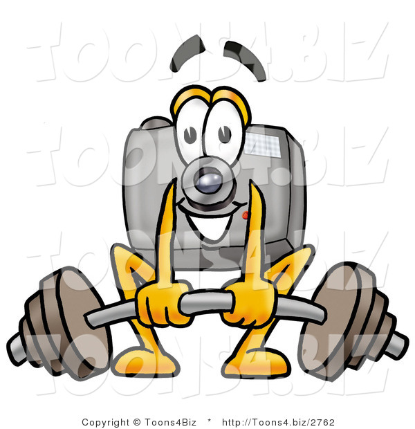 Illustration of a Cartoon Camera Mascot Lifting a Heavy Barbell