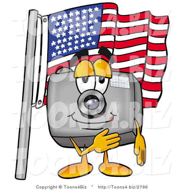 Illustration of a Cartoon Camera Mascot Pledging Allegiance to an American Flag