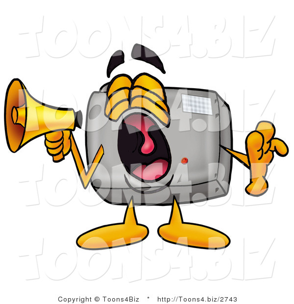 Illustration of a Cartoon Camera Mascot Screaming into a Megaphone