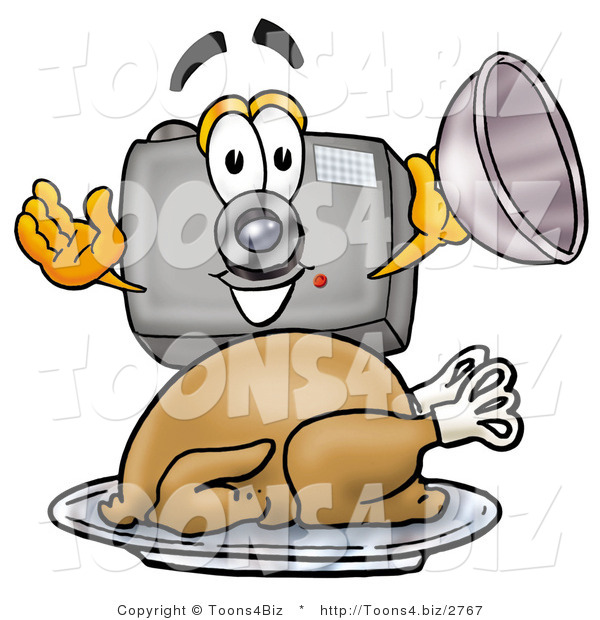 Illustration of a Cartoon Camera Mascot Serving a Thanksgiving Turkey on a Platter