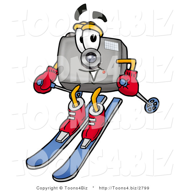 Illustration of a Cartoon Camera Mascot Skiing Downhill