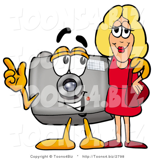 Illustration of a Cartoon Camera Mascot Talking to a Pretty Blond Woman