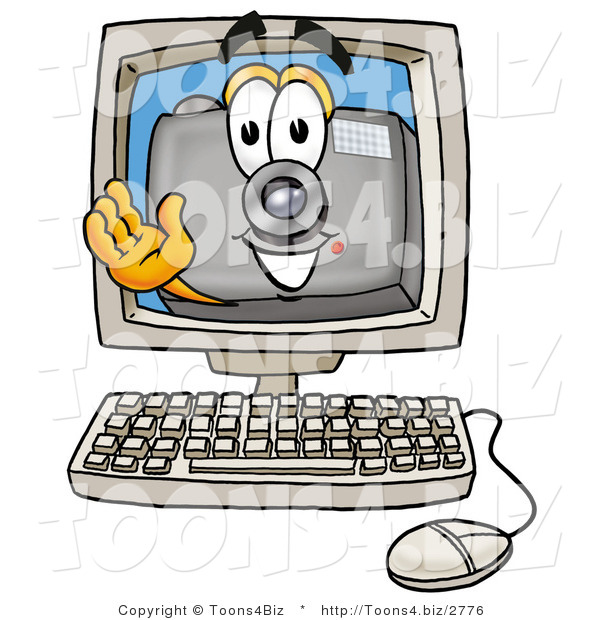 Illustration of a Cartoon Camera Mascot Waving from Inside a Computer Screen