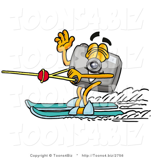 Illustration of a Cartoon Camera Mascot Waving While Water Skiing
