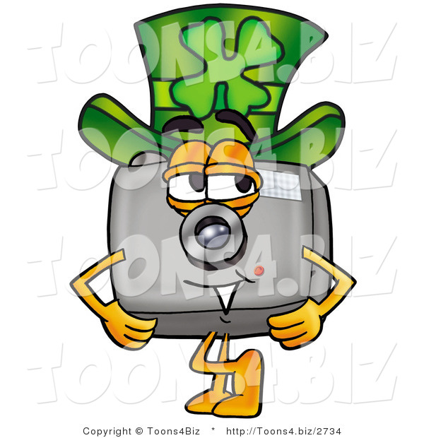 Illustration of a Cartoon Camera Mascot Wearing a Saint Patricks Day Hat with a Clover on It