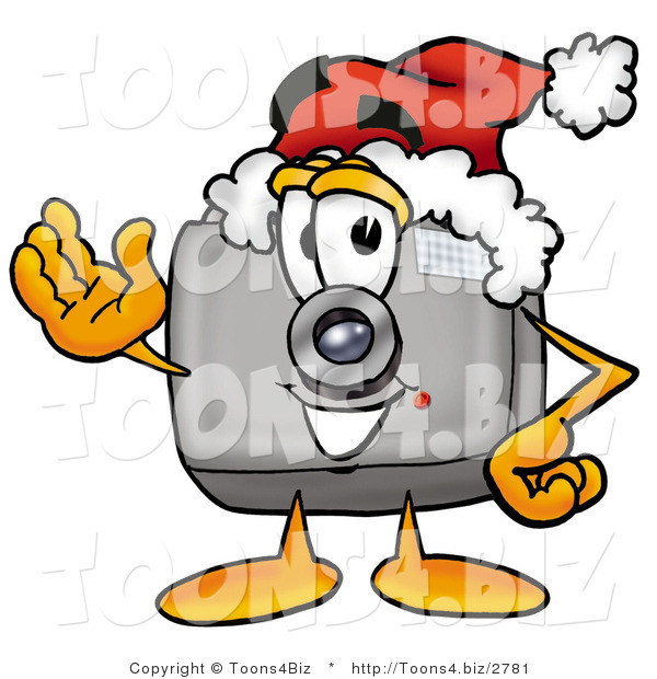 Illustration of a Cartoon Camera Mascot Wearing a Santa Hat and Waving