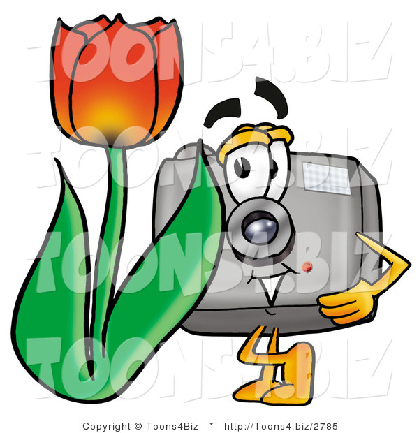 Illustration of a Cartoon Camera Mascot with a Red Tulip Flower in the Spring
