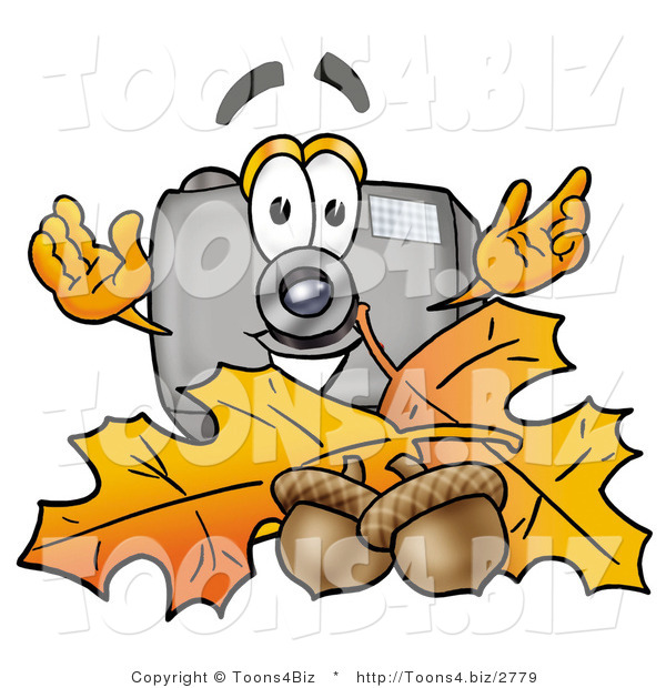 Illustration of a Cartoon Camera Mascot with Autumn Leaves and Acorns in the Fall