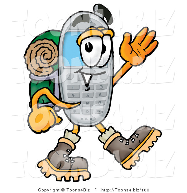 Illustration of a Cartoon Cellphone Mascot Hiking and Carrying a Backpack