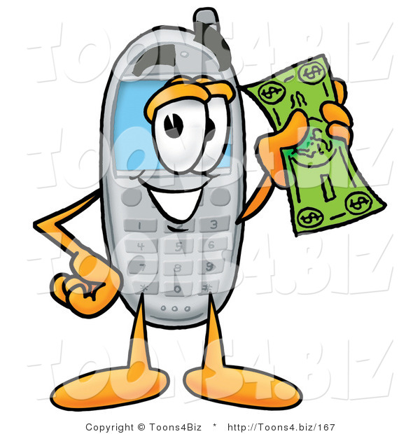 Illustration of a Cartoon Cellphone Mascot Holding a Dollar Bill