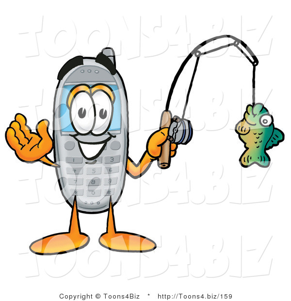 Illustration of a Cartoon Cellphone Mascot Holding a Fish on a Fishing Pole