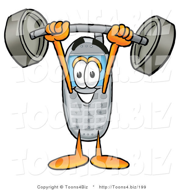 Illustration of a Cartoon Cellphone Mascot Holding a Heavy Barbell Above His Head