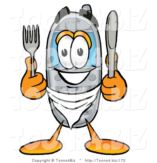 Illustration of a Cartoon Cellphone Mascot Holding a Knife and Fork
