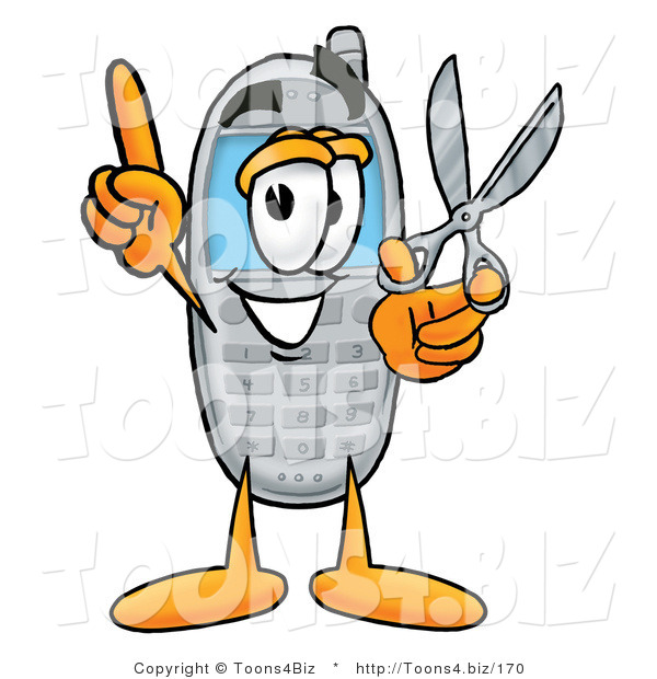Illustration of a Cartoon Cellphone Mascot Holding a Pair of Scissors
