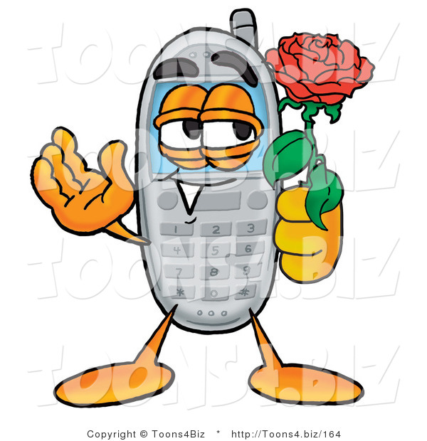 Illustration of a Cartoon Cellphone Mascot Holding a Red Rose on Valentines Day