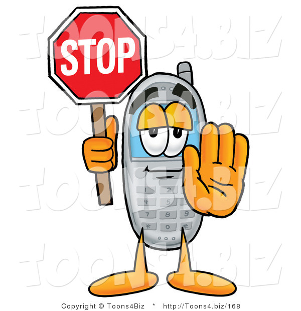 Illustration of a Cartoon Cellphone Mascot Holding a Stop Sign