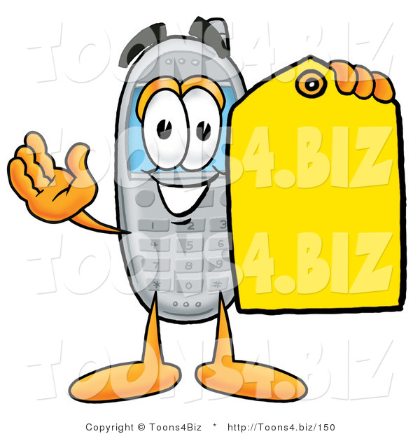Illustration of a Cartoon Cellphone Mascot Holding a Yellow Sales Price Tag