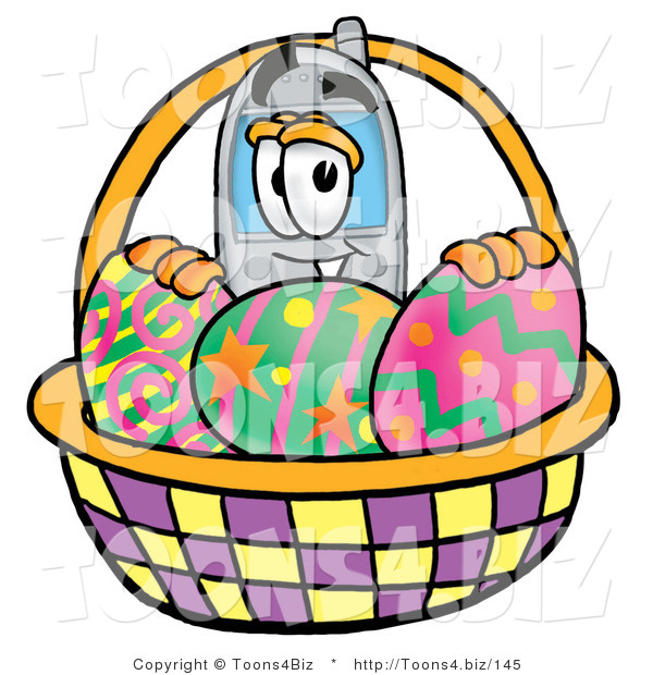 Illustration of a Cartoon Cellphone Mascot in an Easter Basket Full of Decorated Easter Eggs