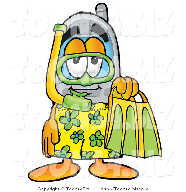 Illustration of a Cartoon Cellphone Mascot in Green and Yellow Snorkel Gear