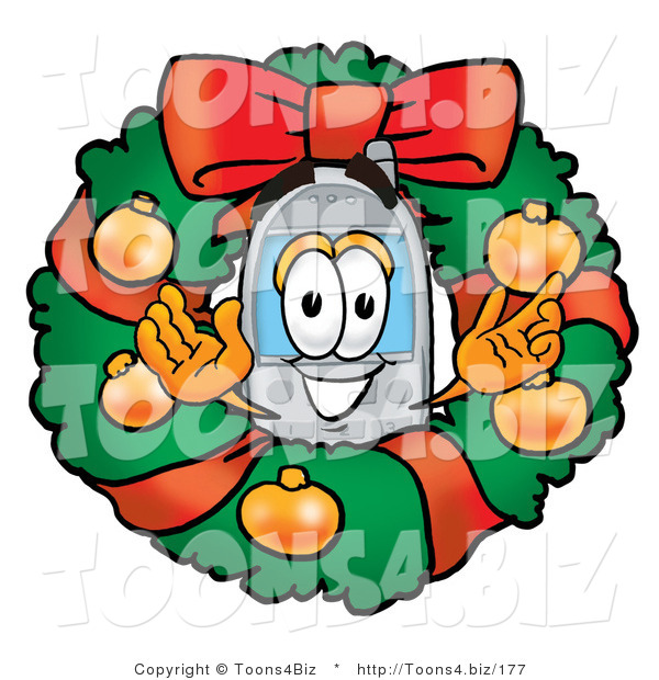 Illustration of a Cartoon Cellphone Mascot in the Center of a Christmas Wreath