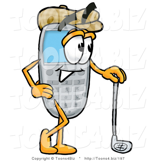 Illustration of a Cartoon Cellphone Mascot Leaning on a Golf Club While Golfing
