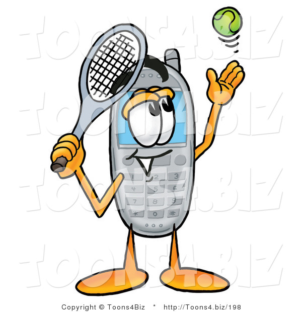 Illustration of a Cartoon Cellphone Mascot Preparing to Hit a Tennis Ball