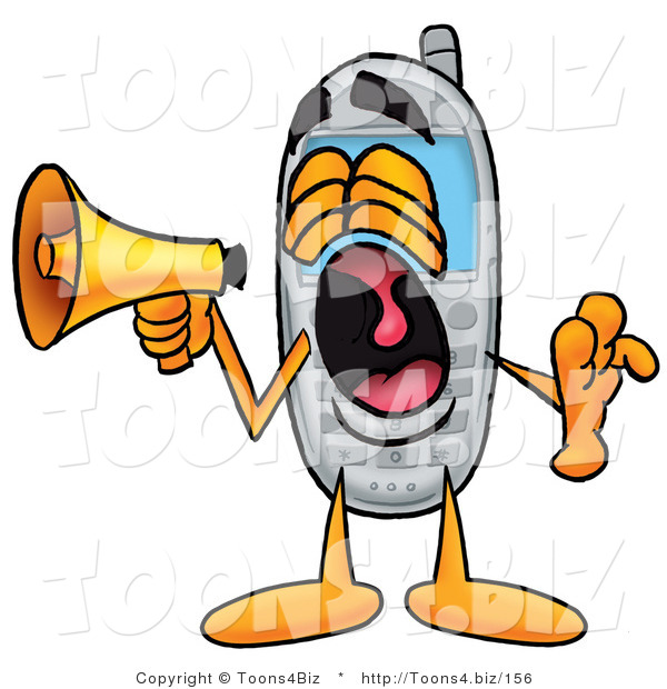 Illustration of a Cartoon Cellphone Mascot Screaming into a Megaphone