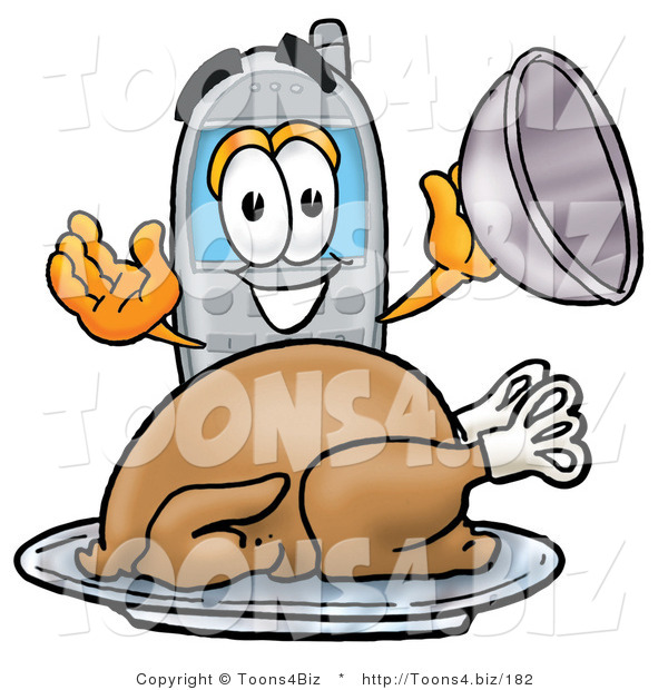 Illustration of a Cartoon Cellphone Mascot Serving a Thanksgiving Turkey on a Platter