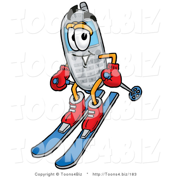 Illustration of a Cartoon Cellphone Mascot Skiing Downhill