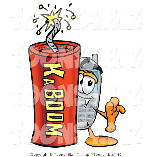 Illustration of a Cartoon Cellphone Mascot Standing with a Lit Stick of Dynamite
