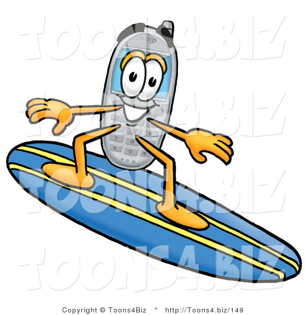 Illustration of a Cartoon Cellphone Mascot Surfing on a Blue and Yellow Surfboard