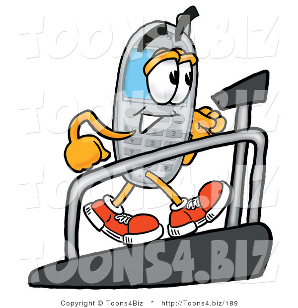 Illustration of a Cartoon Cellphone Mascot Walking on a Treadmill in a Fitness Gym