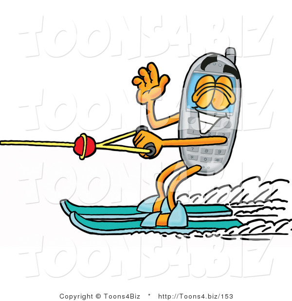 Illustration of a Cartoon Cellphone Mascot Waving While Water Skiing