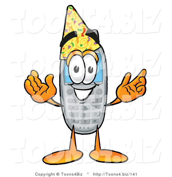 Illustration of a Cartoon Cellphone Mascot Wearing a Birthday Party Hat