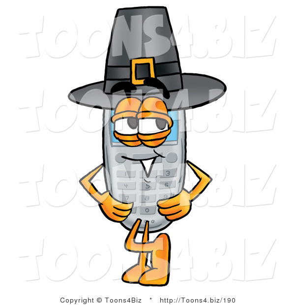 Illustration of a Cartoon Cellphone Mascot Wearing a Pilgrim Hat on Thanksgiving