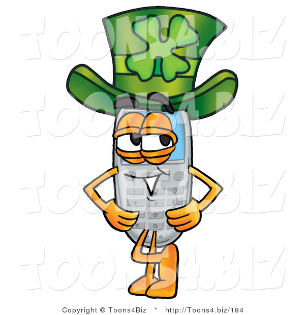 Illustration of a Cartoon Cellphone Mascot Wearing a Saint Patricks Day Hat with a Clover on It