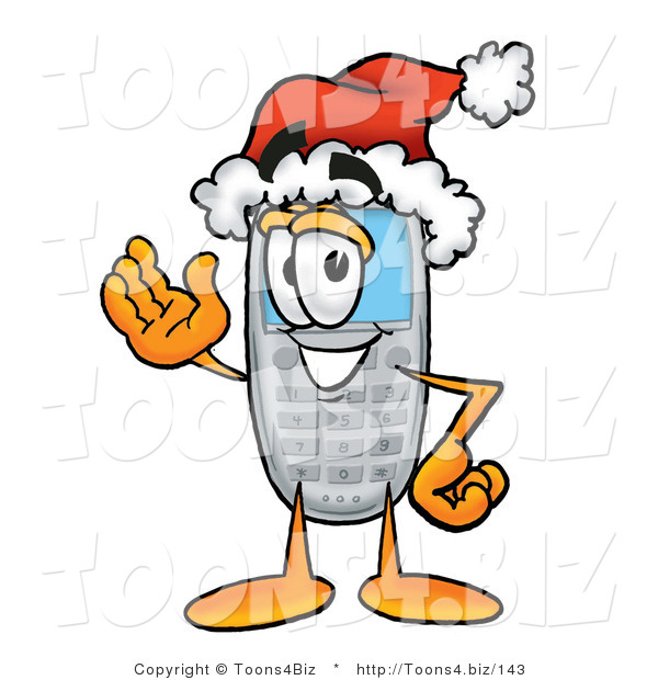 Illustration of a Cartoon Cellphone Mascot Wearing a Santa Hat and Waving