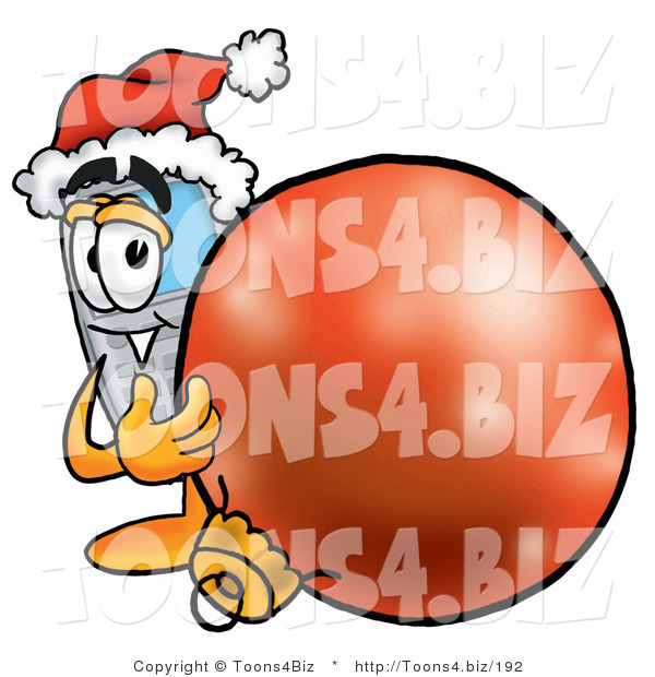 Illustration of a Cartoon Cellphone Mascot Wearing a Santa Hat, Standing with a Christmas Bauble
